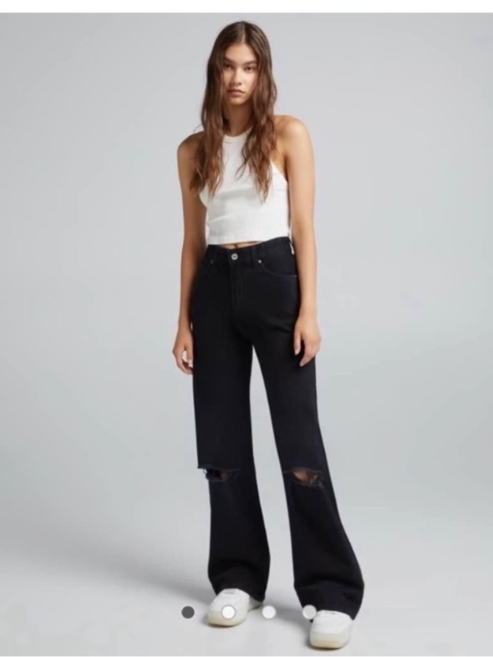Bershka Black High-Rise Wide-Leg Distressed Jeans Size 06